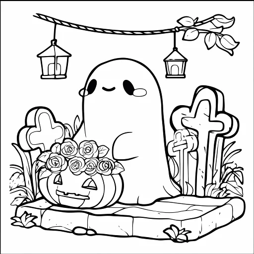Cute ghost in graveyard scene, cartoon style — free printable coloring page