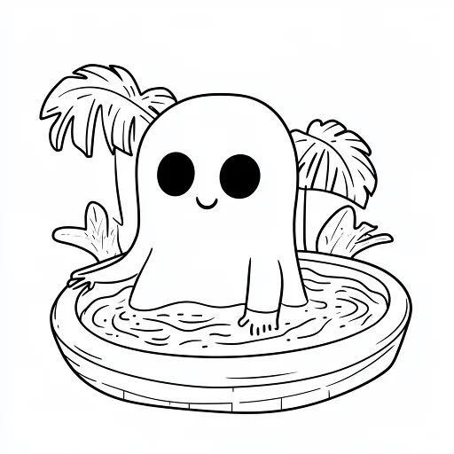 Cute ghost in round swimming pool, cartoon style — free printable swimming coloring book page