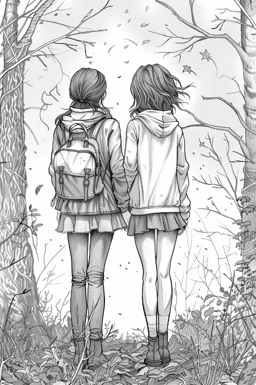 Coloring book page, two girls standing back to back in autumn forest — free printable hiking coloring book page