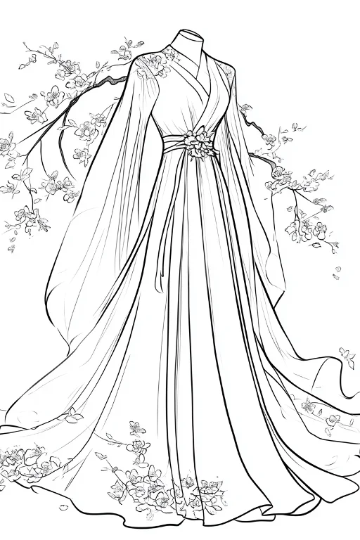 Ancient chinese hanfu dress with plum blossom embroidery, chinese style — free printable clothing coloring book page