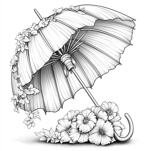 Umbrella decorated with flowers and leaves, realistic sketch style — free printable still life coloring book page