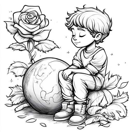 Boy sitting next to earth and rose, cartoon style — free printable environmental coloring book page