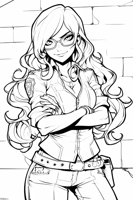 Anime style female police officer with glasses, long curly hair — free printable police coloring book page