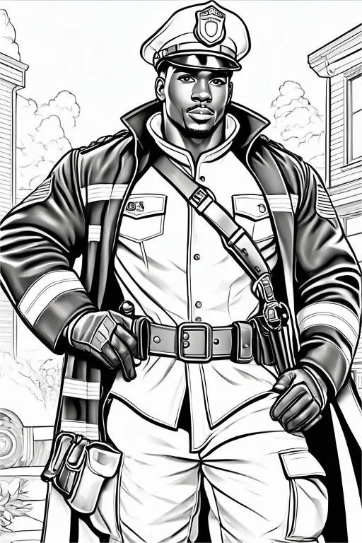 Strong black police officer, cartoon style — free printable police coloring book page