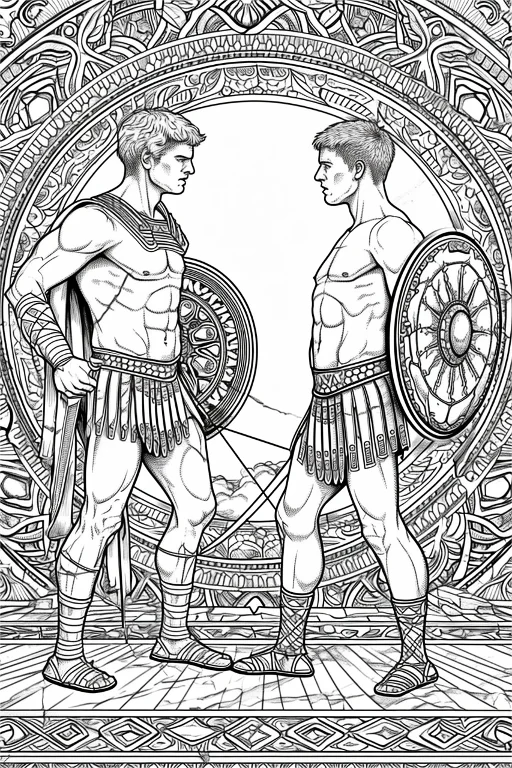 Two confronting roman warriors, classical style — free printable history coloring book page