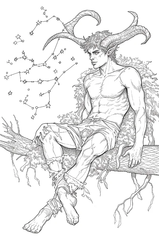 Horned fantasy man with pointed ears, sitting on a gnarled tree branch — free printable constellations coloring book page