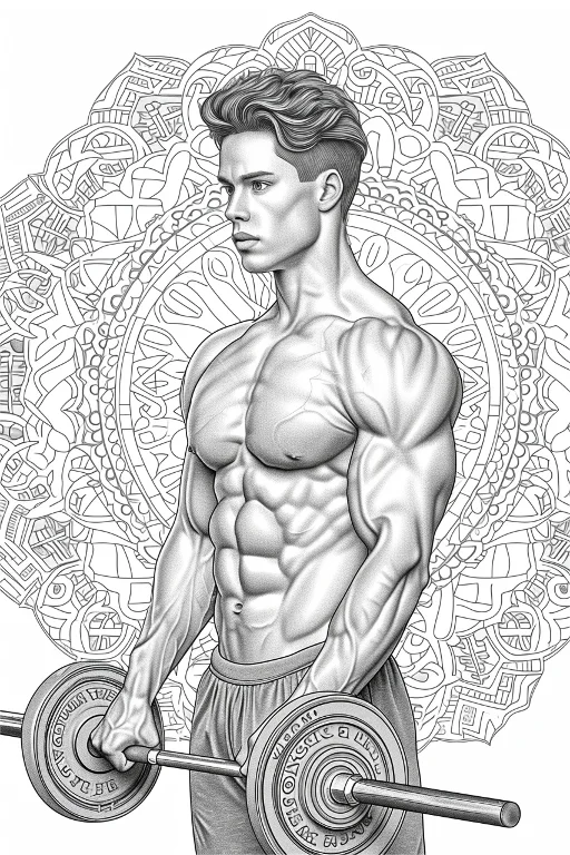 Muscular man holding barbell, realistic line art style — free printable fitness coloring book page