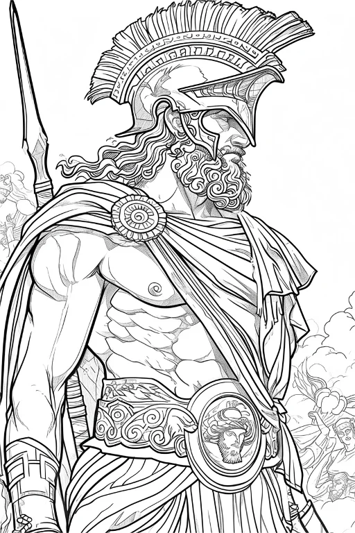 Ancient greek armed deity with crested helmet and spear, greek classical style — free printable greek culture coloring book page