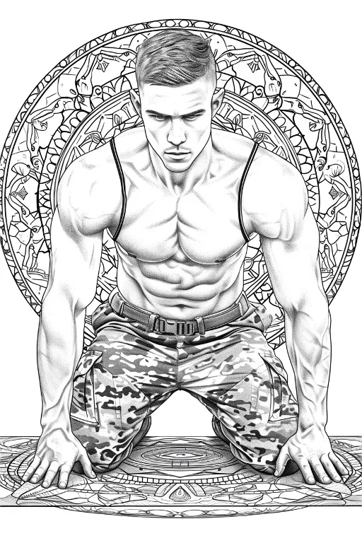 Muscular soldier in kneeling pose, realistic style — free printable soldier coloring book page