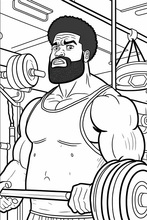 Muscular man lifting barbell, cartoon style — free printable fitness coloring book page
