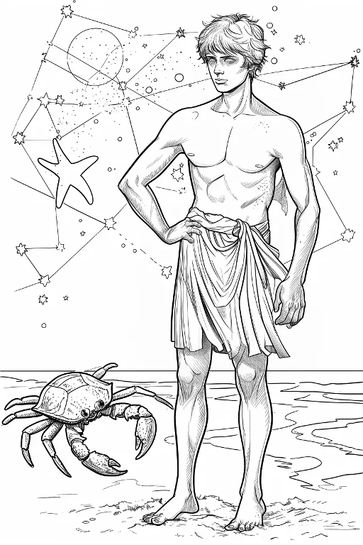 Mythological male figure for cancer zodiac with a crab, standing on beach with ocean waves — free printable constellations coloring book page