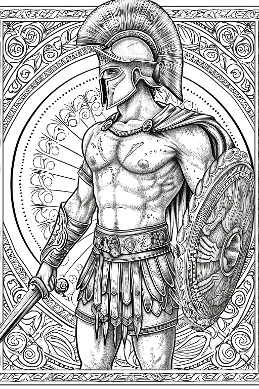 Ancient greek warrior with helmet, shield and sword — free printable greece coloring book page
