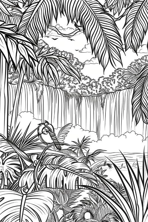 Toucan in tropical rainforest with a large waterfall, realistic line art — free printable tropical rainforest coloring book page