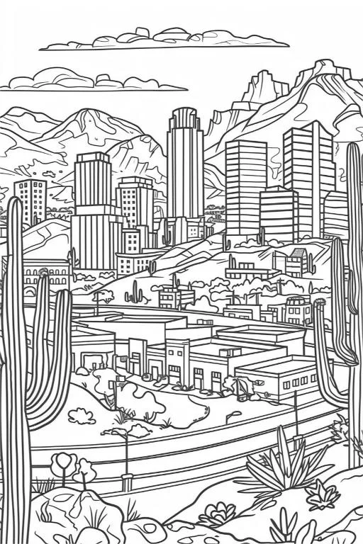 Desert mountain city skyline with cacti, realistic illustration style — free printable coloring page