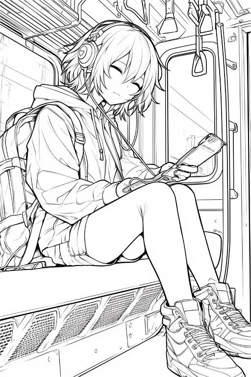 Anime girl wearing headphones sitting on subway seat, holding smartphone with a backpack — free printable daily commute coloring book page