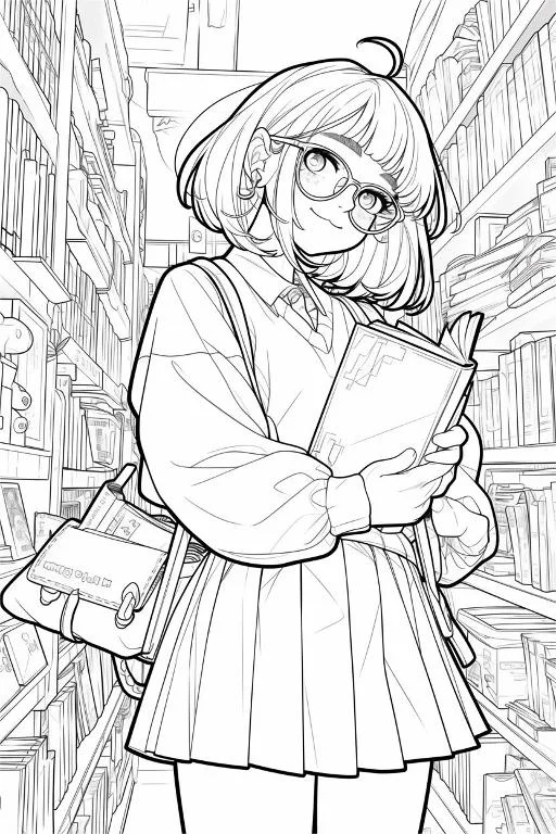 Short-haired anime girl with glasses holding a book, standing in a bookstore with full bookshelves — free printable bookstore coloring book page