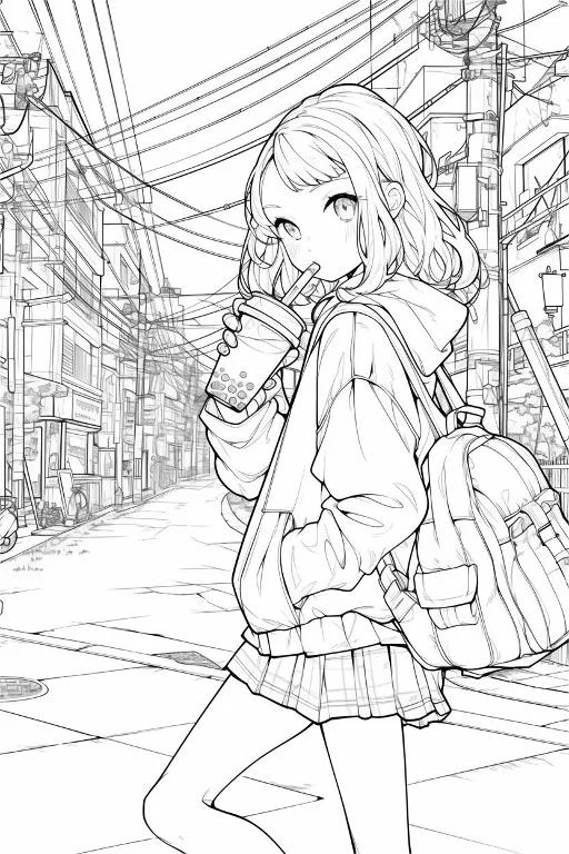 Cute urban girl drinking bubble tea, anime style — free printable urban daily life coloring book page