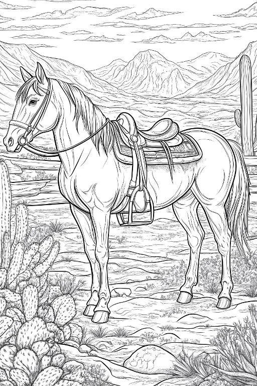 Horse with saddle in desert ranch, realistic line art style — free printable west coloring book page