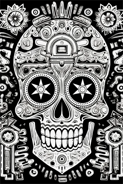 Aztec style decorated skull, decorative art — free printable aztec culture coloring book page