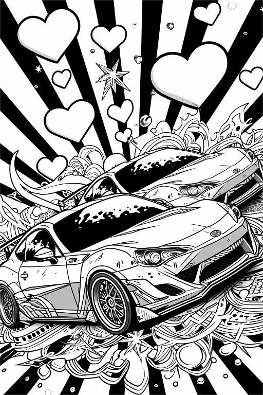 Trendy sports cars in street graffiti cartoon style, dynamic background with black radiating stripes — free printable street fashion coloring book page