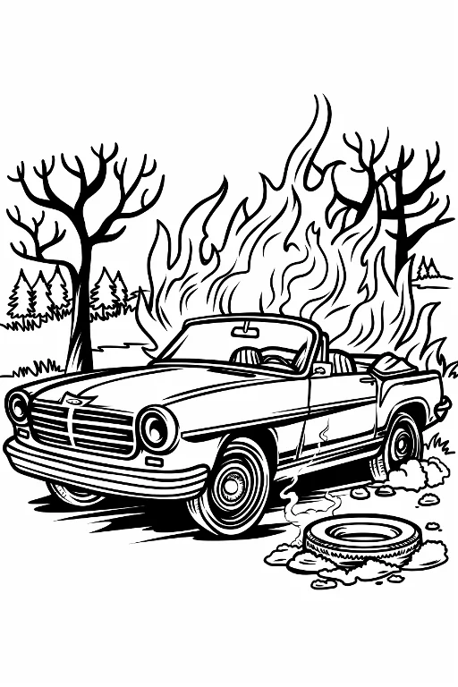 Burning convertible car, cartoon style — free printable disaster coloring book page
