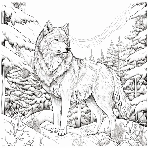 Wolf standing in snowy winter forest, realistic line art style — free printable mammals coloring book page