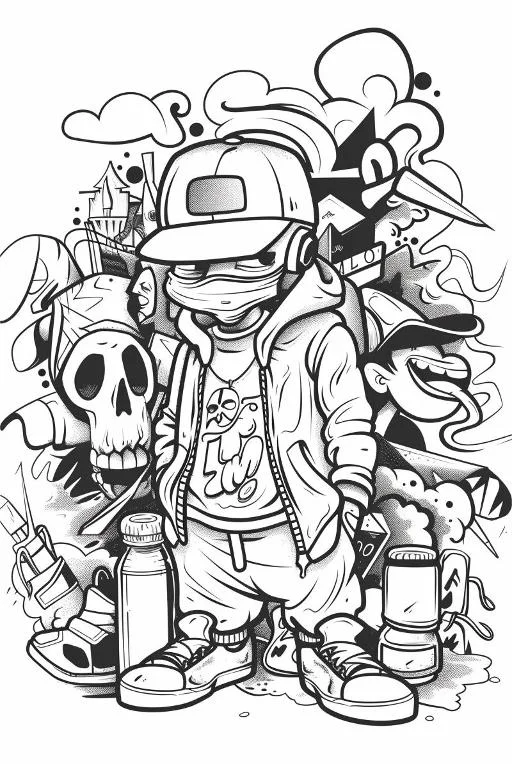 Coloring book inner page, street style cartoon character with skull — free printable skeleton coloring book page