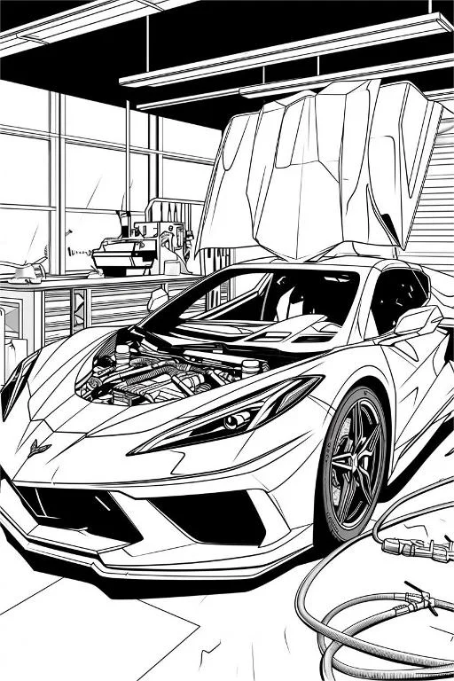 Sports car in repair workshop with exposed engine, realistic style — free printable repair scene coloring book page