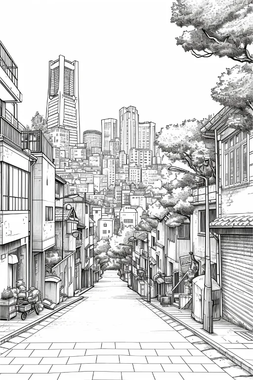 Japanese urban street scene, realistic anime style — free printable daily scene coloring book page