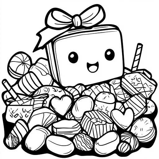 Kawaii anthropomorphic gift box with a pile of various desserts and candies, cartoon style — free printable coloring page
