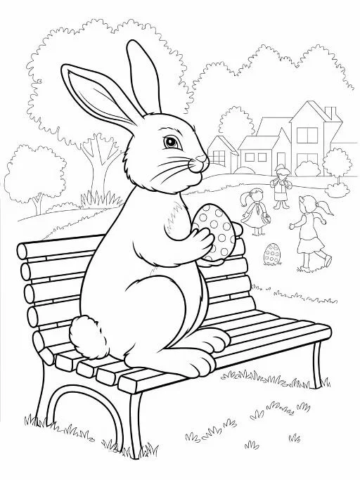 Rabbit holding easter egg sitting on park bench, cartoon style — free printable outdoor play coloring book page