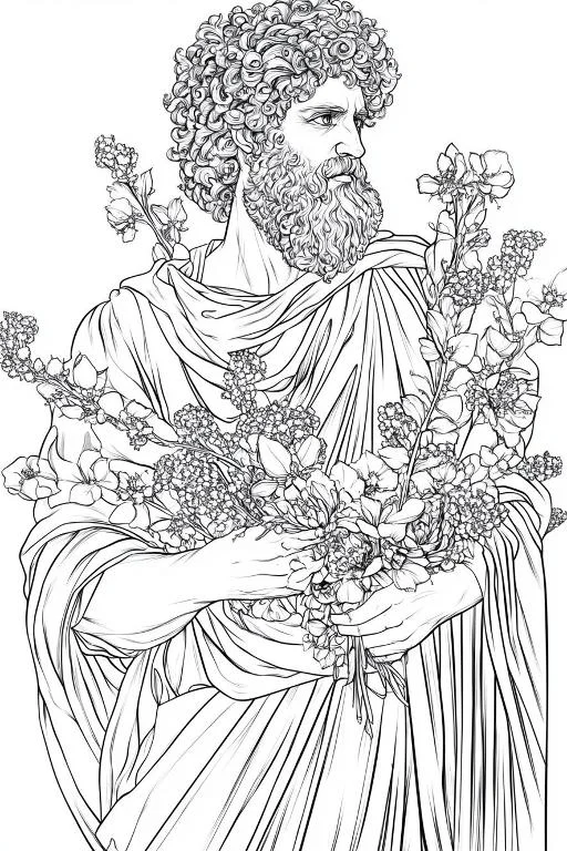Classical greek bearded man holding a bouquet of flowers, classical realistic illustration style — free printable greek culture coloring book page