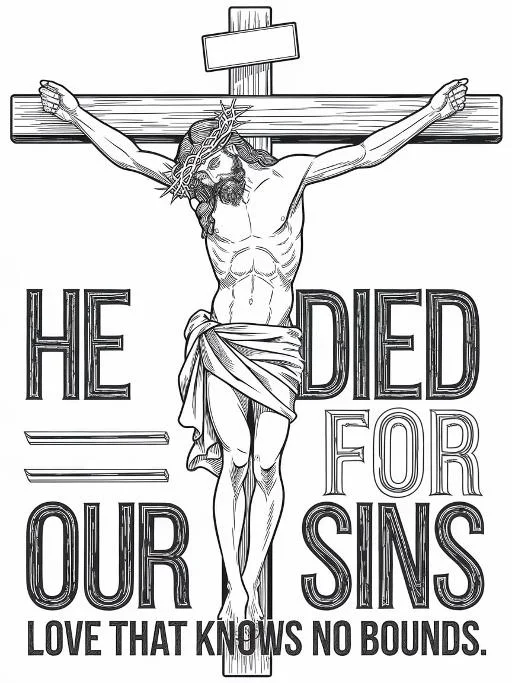 Crucified jesus with crown of thorns, realistic sketch style — free printable christianity coloring book page