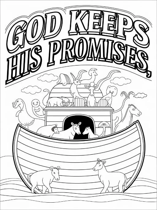 Noah's ark with various animals including cows, sheep — free printable religious stories coloring book page
