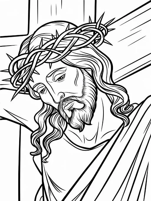 Jesus wearing crown of thorns, cross in the background — free printable christianity coloring book page