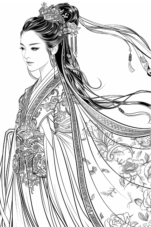 Gorgeous ancient chinese lady in traditional hanfu, chinese style — free printable historical figures coloring book page