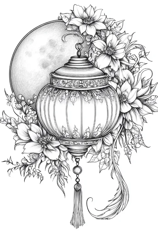 Chinese traditional lantern surrounded by blooming flowers and branches, with a full moon in the background — free printable mid-autumn festival coloring book page