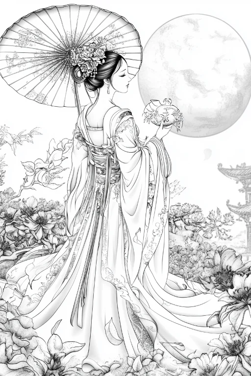 Ancient chinese lady (chang'e-like) holding mooncake and oil paper umbrella, chinese style — free printable mid-autumn festival coloring book page