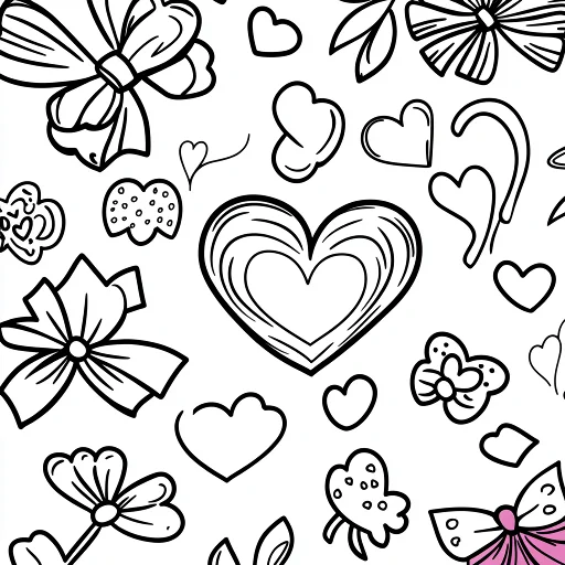 Cute combination of hearts and bows, cartoon style — free printable coloring page