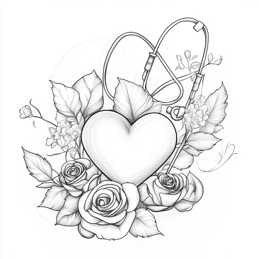 Heart surrounded by roses and stethoscope, realistic line art style — free printable nurse coloring book page