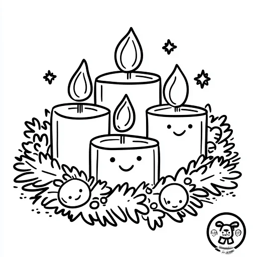 Cute anthropomorphic candle group with smiling faces, surrounded by plants and sparkle patterns — free printable coloring page