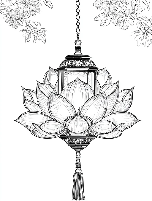 Lotus-shaped traditional chinese lantern, chinese style — free printable lantern festival coloring book page