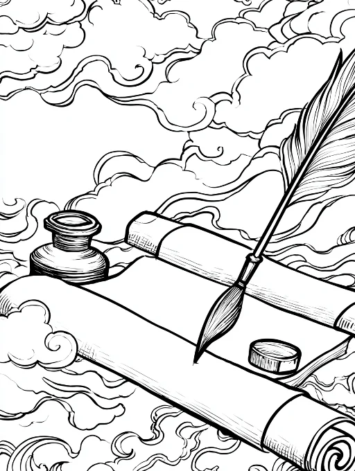 Scroll with quill pen and ink bottle surrounded by chinese cloud patterns, chinese style — free printable stationery coloring book page