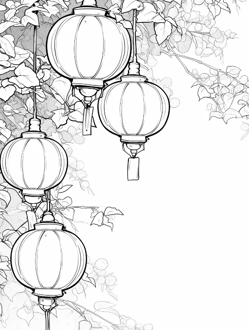 Chinese traditional lanterns with vines, leaves and buds — free printable lantern festival coloring book page
