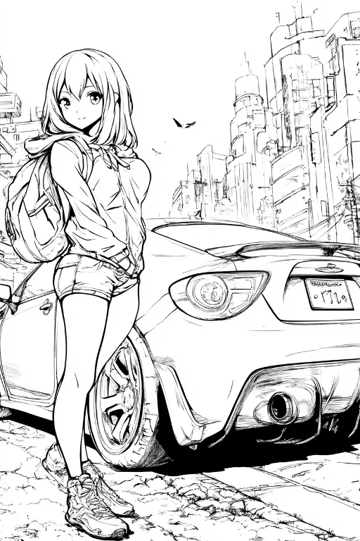 Anime girl in hoodie with backpack leaning against sports car, urban cityscape background with tall buildings — free printable urban daily life coloring book page