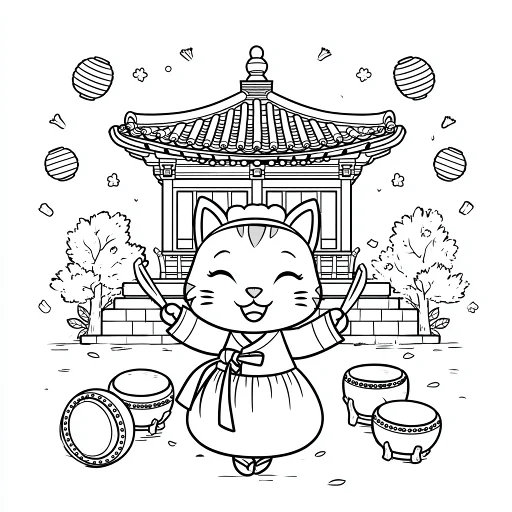 Cute cat wearing korean hanbok, cartoon style — free printable festivals coloring book page