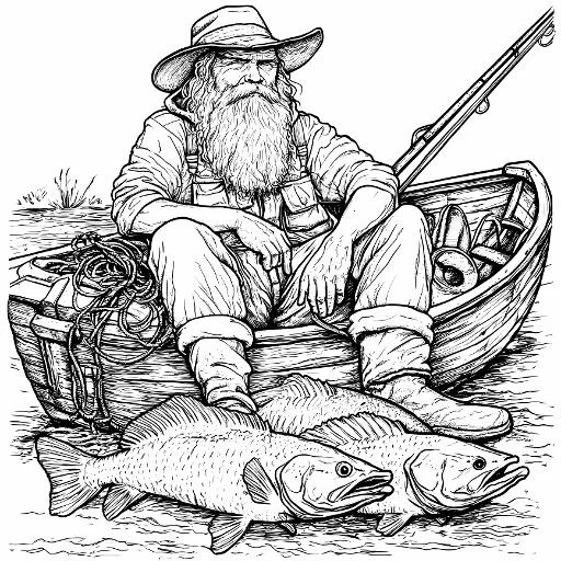 Old fisherman with caught fish sitting in small boat, realistic line art style — realistic style — moderate detail — line art coloring page — for kids and adults of all ages