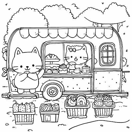Cute cat food truck with two cats, cartoon style — cartoon style — beginner-friendly — line art coloring page — for toddlers and preschoolers