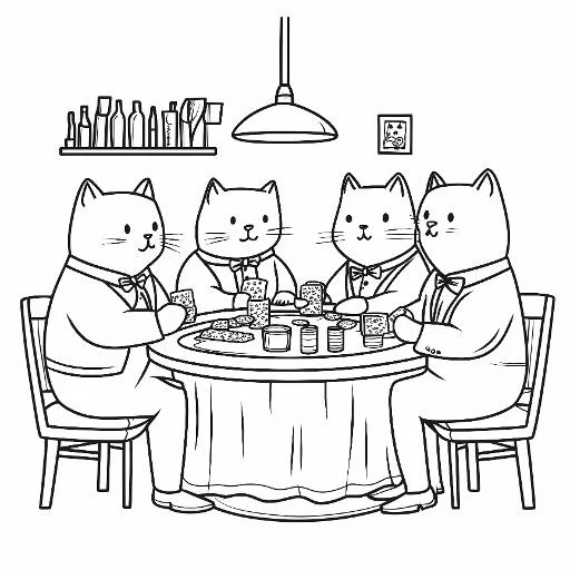 Anthropomorphic cats in tuxedos playing cards around a round table, cartoon style — free printable coloring page