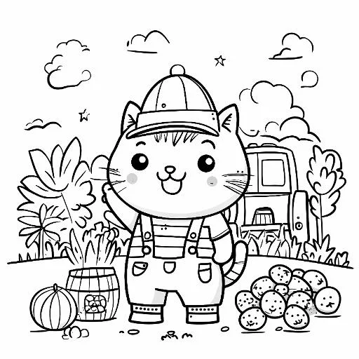 Cartoon farm cat wearing a cap, cartoon style — free printable coloring page